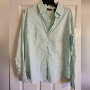 Green striped button down women's shirt